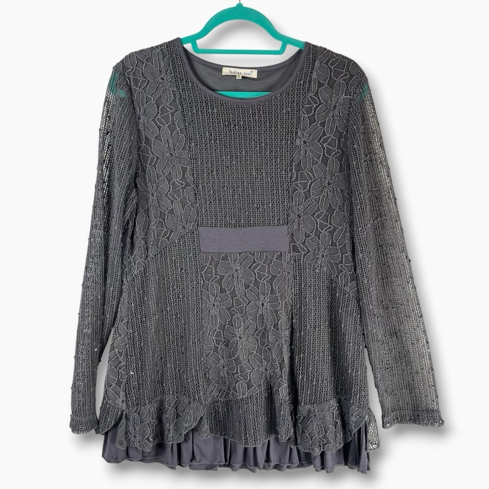 Indigo Soul Womens Gray Floral Lace Sequin Ruffle Hem Long Sleeve Top Size M